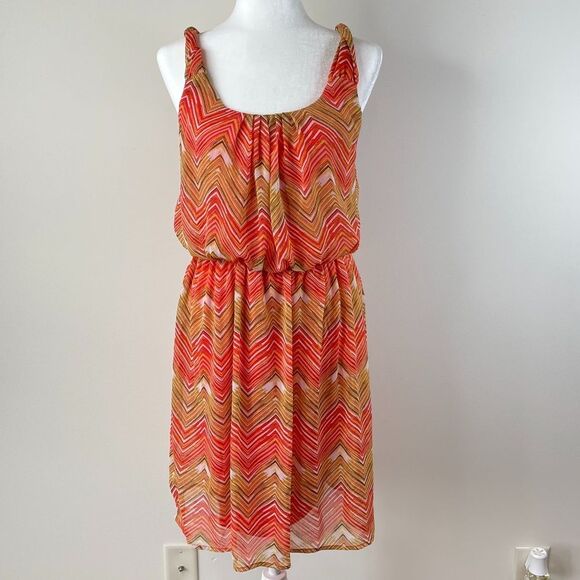 AB Studio Orange Brown White Chevron Dress Size Large - Picture 1 of 8